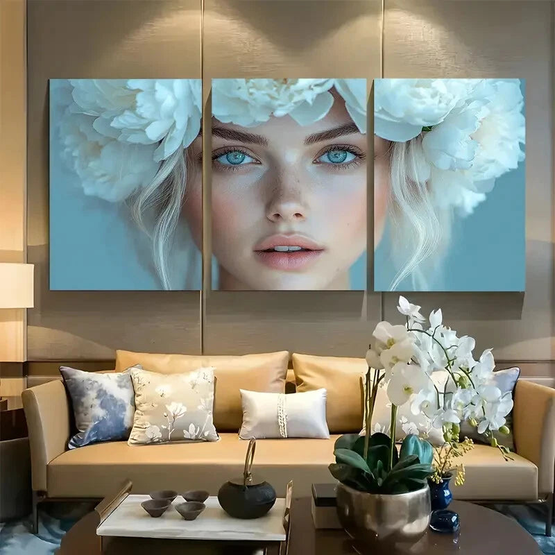 3pcs Stylish Woman with White Peonies Flowers Metal Print Ready to Hang Art