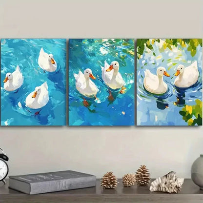 3pcs White Ducks Swimming Wall Art Canvas Unframed - High Quality Print 100% Australian Made Wall Canvas