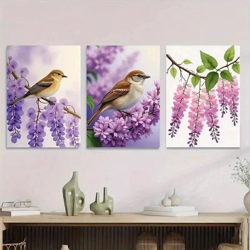 3pcs Beautiful Bird and Flower Purple Floral Wall Art Set Canvas Framed 50x70cm - High Quality Print 100% Australian Made Wall Canvas Ready to Hang