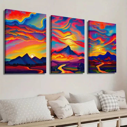 3pcs Colorful Sunset Landscape Painting Wall Art Set Canvas Unframed - High Quality Print 100% Australian Made Wall Canvas