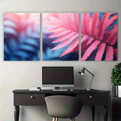 3pcs Tropical Fern Leaf in Pink Blue Tones  Wall Art Set Canvas Unframed - High Quality Print 100% Australian Made Wall Canvas