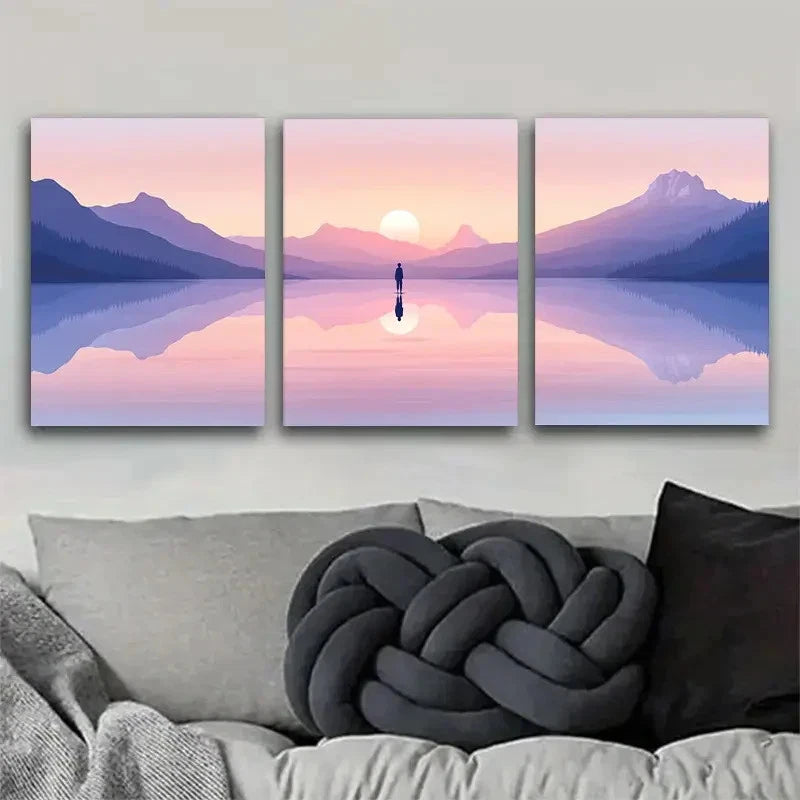 3pcs Mountain Lake And People at Sunset Metal Print Ready to Hang Art