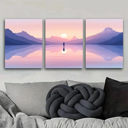 3pcs Mountain Lake And People at Sunset Metal Print Ready to Hang Art