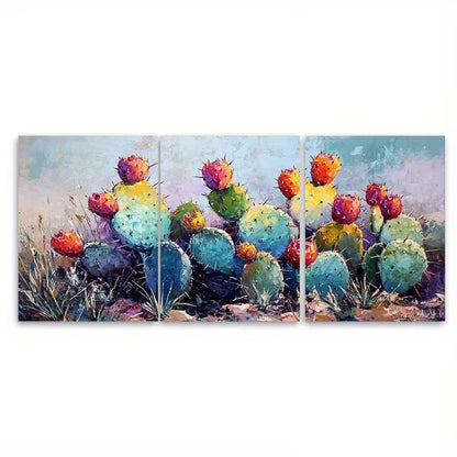 3pcs Prickly Pear Cactus Painting Metal Print Ready to Hang Art