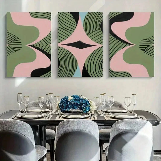 3pcs Pink Green Black & Blue Geometric Patterns Metal Print Ready to Hang Art