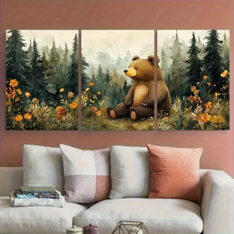 3pcs Whimsical Woodland Bear Forest Scene Metal Print Ready to Hang Art