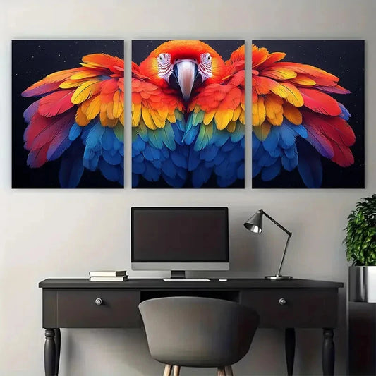3pcs Scarlet Macaw Vibrant Rainbow Feathers  Wall Art Set Canvas Framed 40x60cm - High Quality Print 100% Australian Made Wall Canvas Ready to Hang