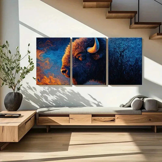 3pcs Abstract Bison Art Vibrant Colors Metal Print Ready to Hang Art