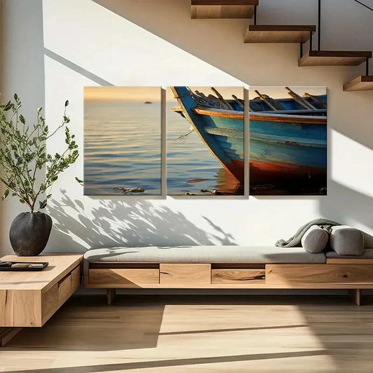 3pcs Blue Wooden Boat Sunset Reflection Water SceneMetal Print Ready to Hang Art