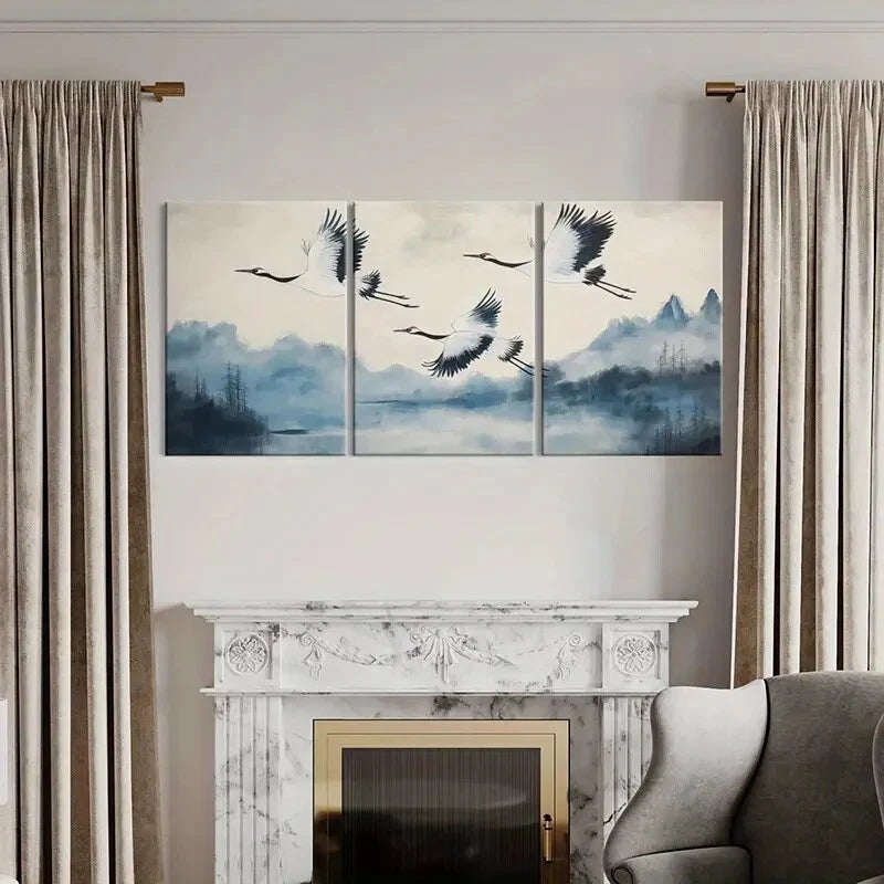 3pcs Elegant Crane Flight Traditional Asian Art Metal Print Ready to Hang Art