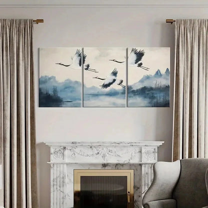 3pcs Elegant Crane Flight Traditional Asian Art Metal Print Ready to Hang Art
