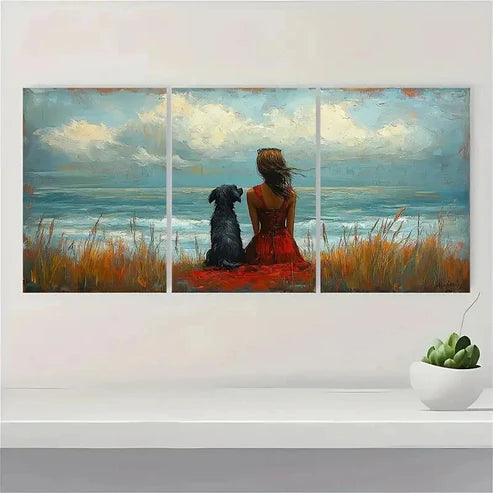 3pcs Whimsical Seaside Women With Dog Wall Art Set Canvas Unframed - High Quality Print 100% Australian Made Wall Canvas