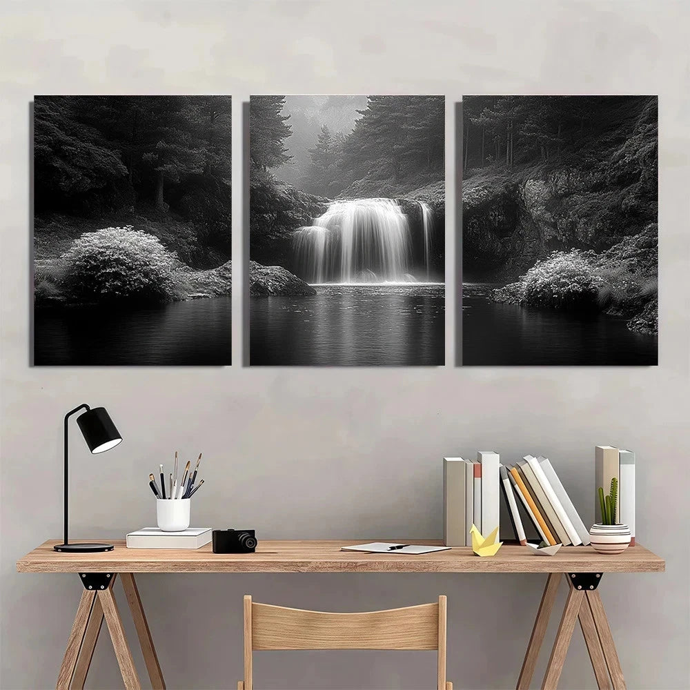 3pcs Black and White Waterfall Serene Forest Wall Art Set Canvas Framed 40x60cm - High Quality Print 100% Australian Made Wall Canvas Ready to Hang