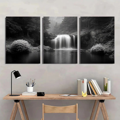 3pcs Black and White Waterfall Serene Forest Wall Art Set Canvas Framed 40x60cm - High Quality Print 100% Australian Made Wall Canvas Ready to Hang