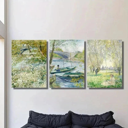 3pcs Spring River Bank & Willow Tree Scenes Wall Art Set Canvas Framed 40x60cm - High Quality Print 100% Australian Made Wall Canvas Ready to Hang