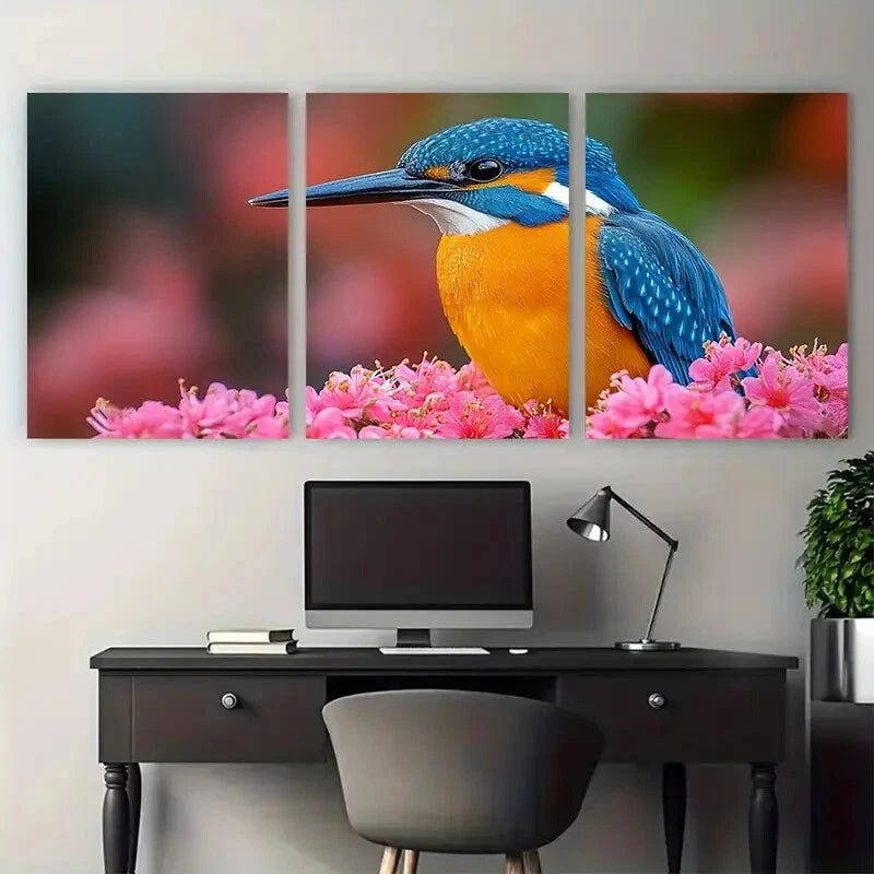 3pcs Vibrant Kingfisher on Pink Florals Metal Print Ready to Hang Art