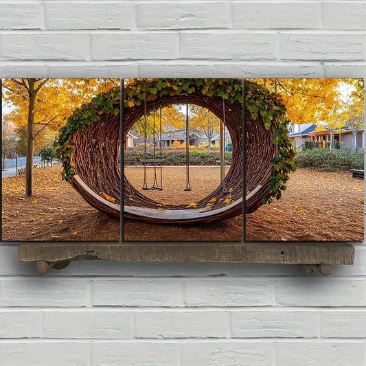 3pcs Swing in Fallen Green Leaves Metal Print Ready to Hang Art