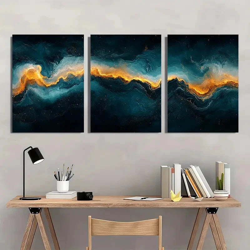 3pcs Dark Green & Golden Swirls Abstract Metal Print Ready to Hang Art