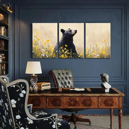 3pcs Artistic Bear Amidst Vibrant Flowers Metal Print Ready to Hang Art