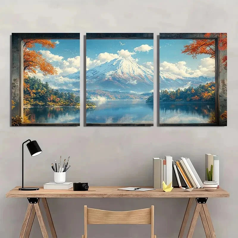 3pcs Mount Fuji Snowfall & Autumn Reflections Metal Print Ready to Hang Art