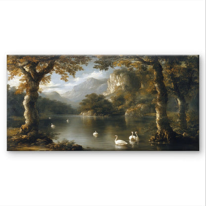 Classical River Landscape With Swan Wall Art Canvas Office Home Framed 120x60cm