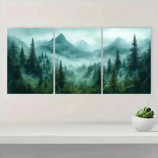 3pcs Foggy Mountain & Pine Tree Landscape Scenery Metal Print Ready to Hang Art