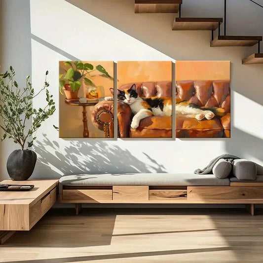 3pcs Artistic Cat On Sofa Warm Tones Cozy Metal Print Ready to Hang Art