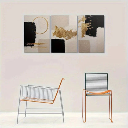 3pcs Golden Black Beige Abstract Metal Print Ready to Hang Art