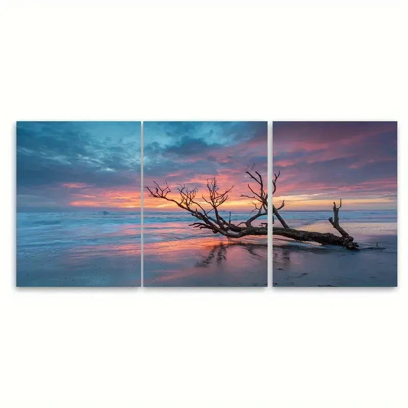 3pcs Tree Branch Beach Sunset Scene Wall Art Set Canvas Framed 60x90cm - High Quality Print 100% Australian Made Wall Canvas Ready to Hang