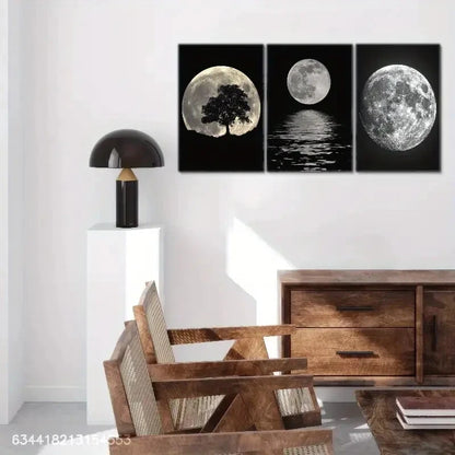 3pcs Moon and Sea Trees Black and White Art Deco Metal Print Ready to Hang Art