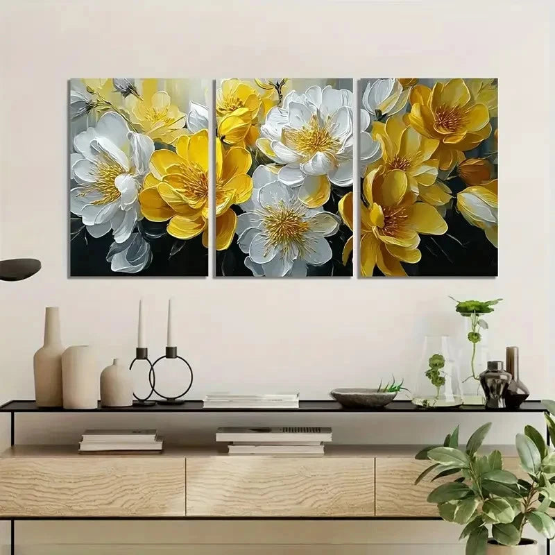 3pcs Oil Painting of Yellow and White Flowers Metal Print Ready to Hang Art
