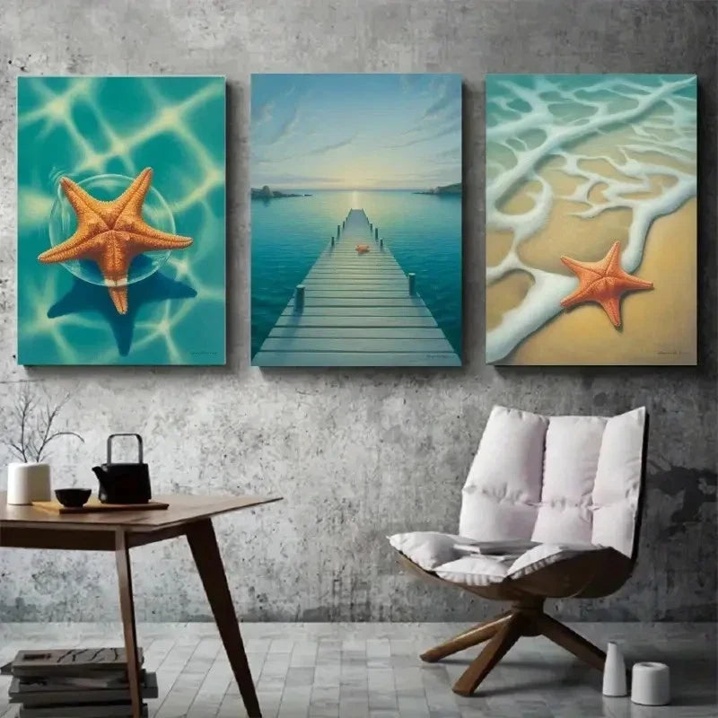 3pcs Ocean View with Blue Tides & Sandy Shoreline Metal Print Ready to Hang Art