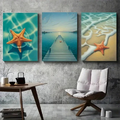 3pcs Ocean View with Blue Tides & Sandy Shoreline Metal Print Ready to Hang Art