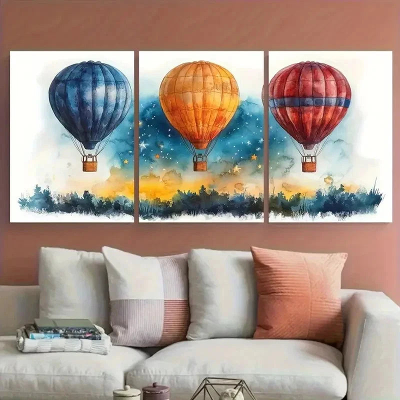 3pcs Hot Air Balloons Starry Sky Watercolour Wall Art Set Canvas Framed 40x60cm - High Quality Print 100% Australian Made Wall Canvas Ready to Hang