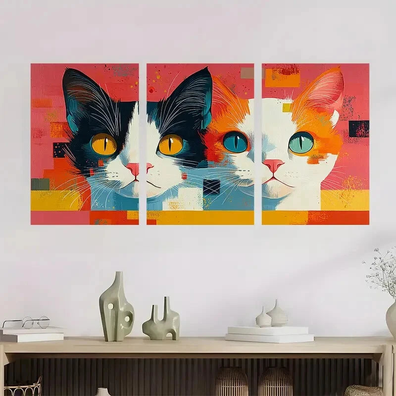 3pcs Vibrant Cat Abstract Design Metal Print Ready to Hang Art