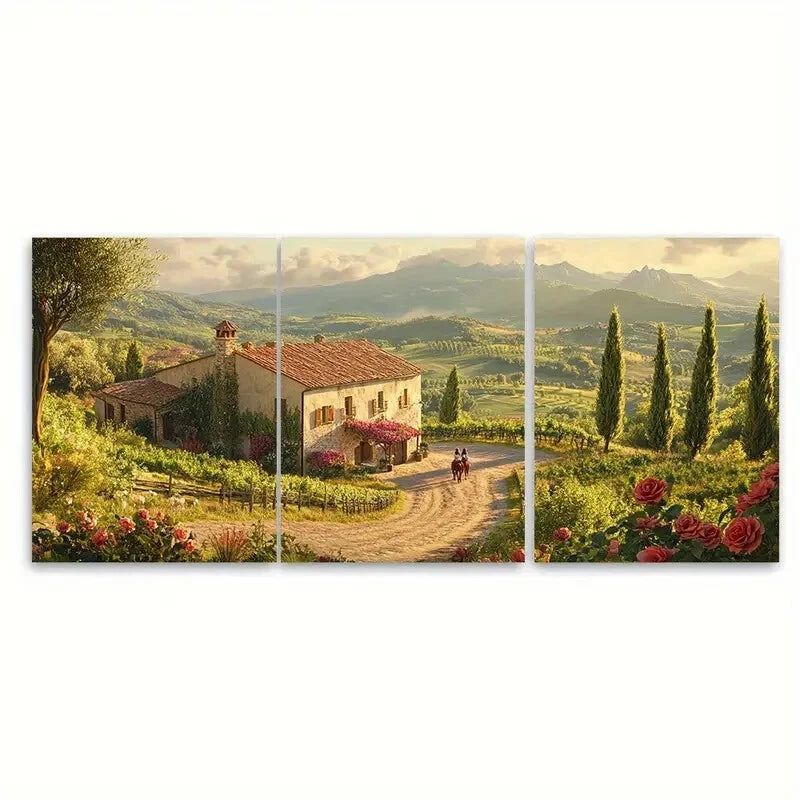 3pcs Romantic Spring Scene with Stone Farmhouse Metal Print Ready to Hang Art