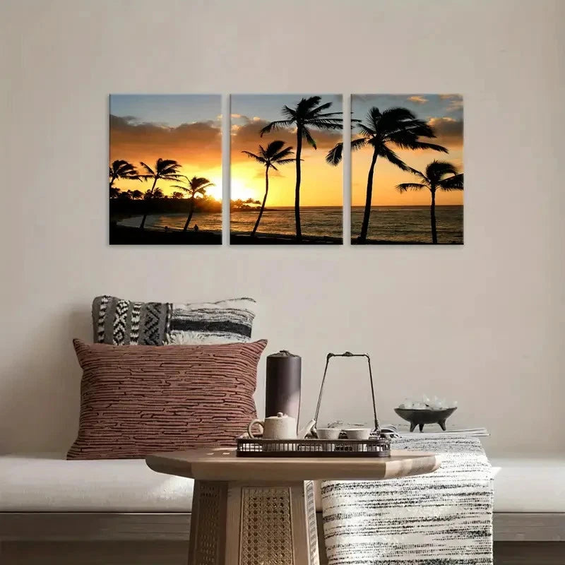 3pcs Classic Seaside Sunset Painting Metal Print Ready to Hang Art