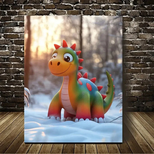 Colorful Cartoon Dinosaur On The Snow Painting 40x60cm Metal Print Ready to Hang