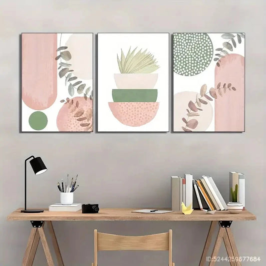 3pcs Botanical Art Pink Decorations Leaves Metal Print Ready to Hang Art