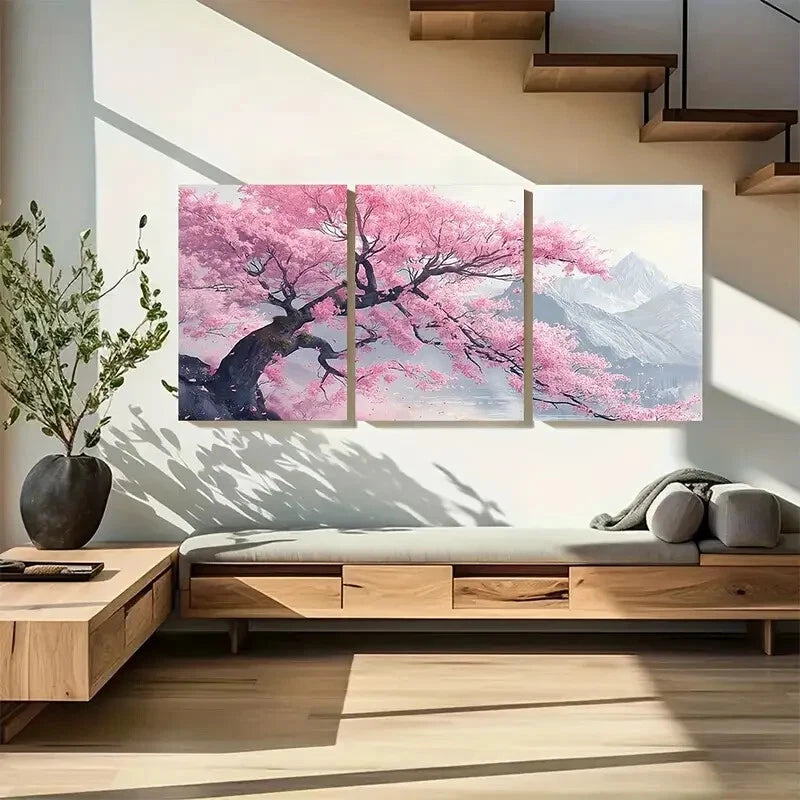 3pcs Cherry Blossom Tree & Mountain Scenery Metal Print Ready to Hang Art