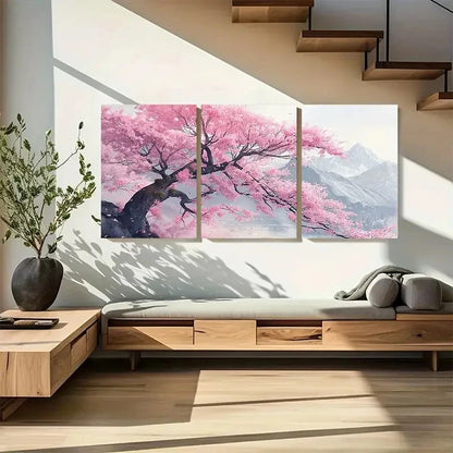 3pcs Cherry Blossom Tree & Mountain Scenery Metal Print Ready to Hang Art