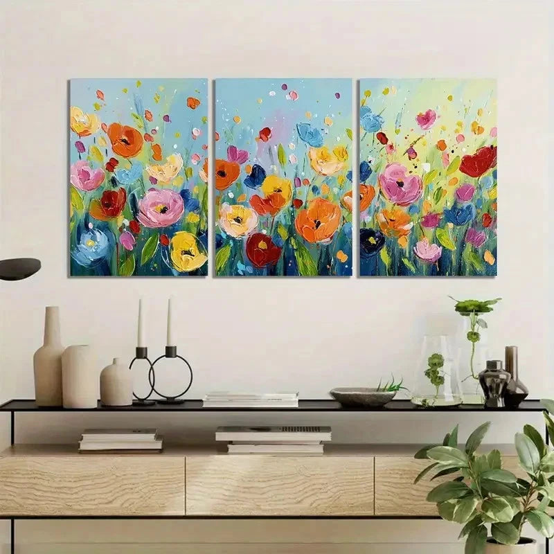 3pcs Colorful Flowers Painted with Simple Brushes Metal Print Ready to Hang Art
