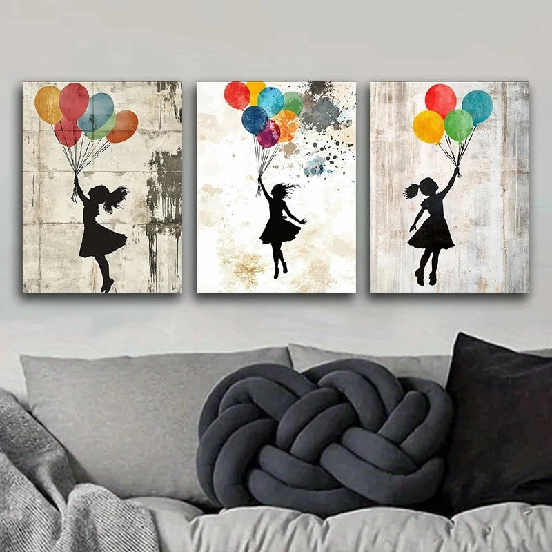 3pcs Measuring Featuring a Girl with Balloons Metal Print Ready to Hang Art