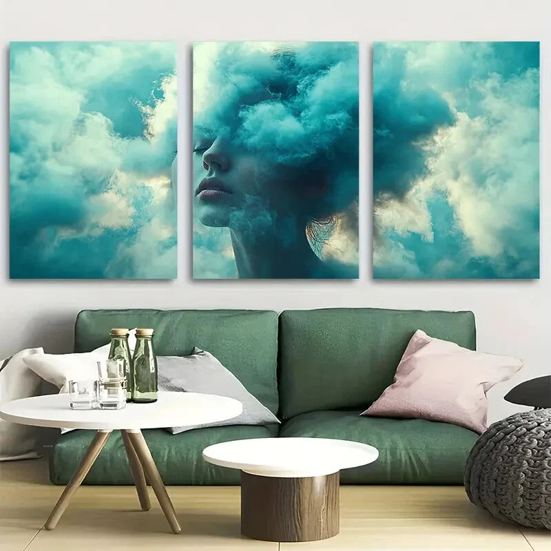 3pcs Feminine Head in the Clouds Metal Print Ready to Hang Art