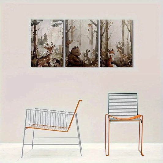 3pcs Whimsical Forest Cute Animal Family Metal Print Ready to Hang Art