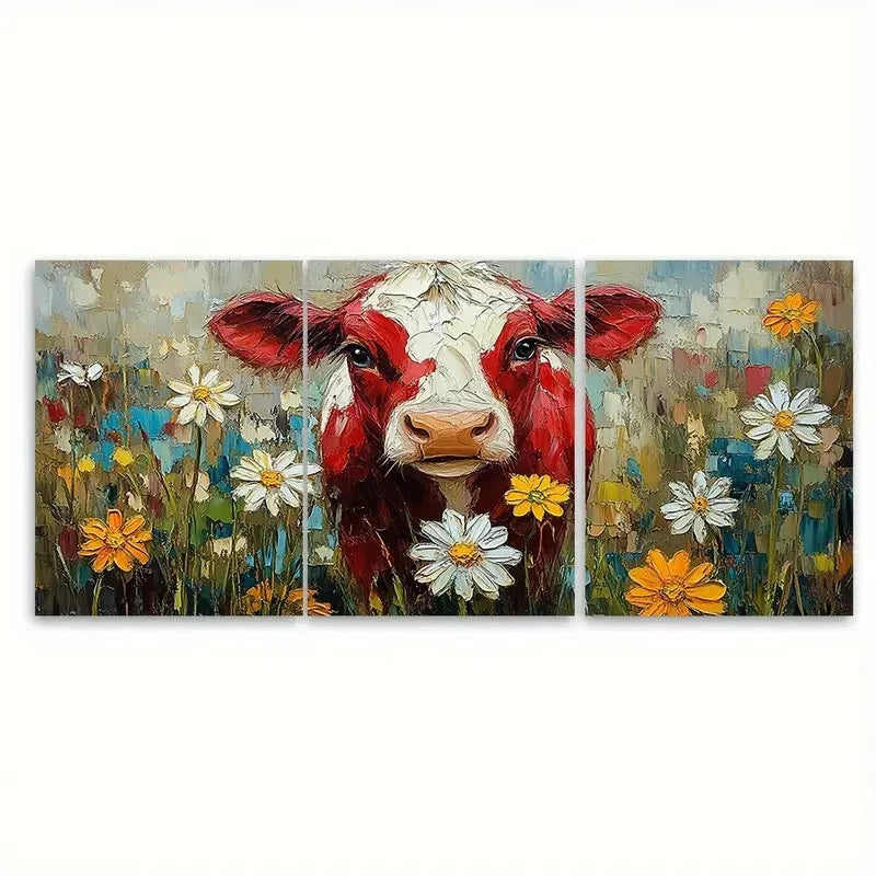 3pcs Playful Red Cow with Daisy Country Wall Art Set Canvas Framed 40x60cm - High Quality Print 100% Australian Made Wall Canvas Ready to Hang