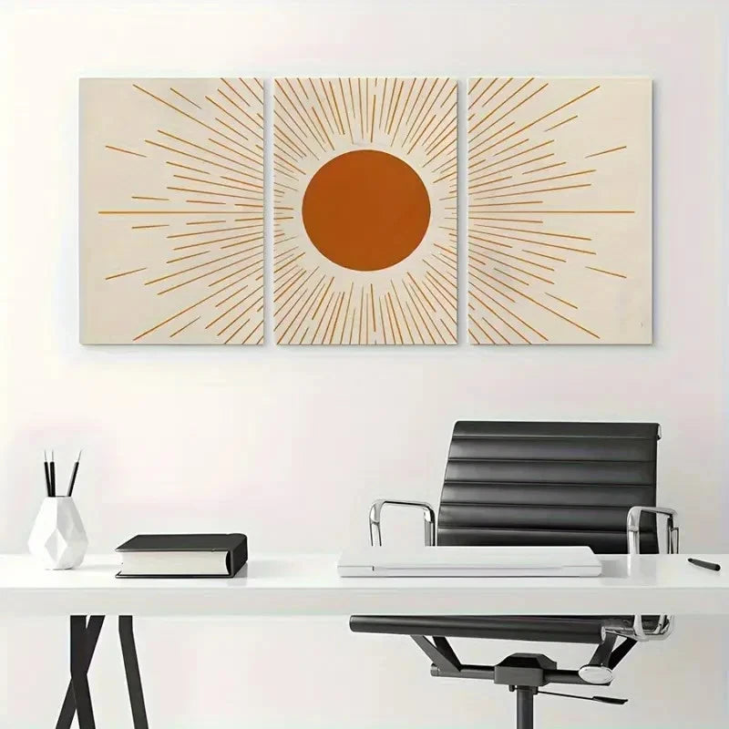 3pcs Sun with Rays Prints Mid Century Metal Print Ready to Hang Art