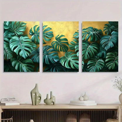 3pcs Nature Monstera Botanical Leaf Green & Beige Metal Print Ready to Hang Art