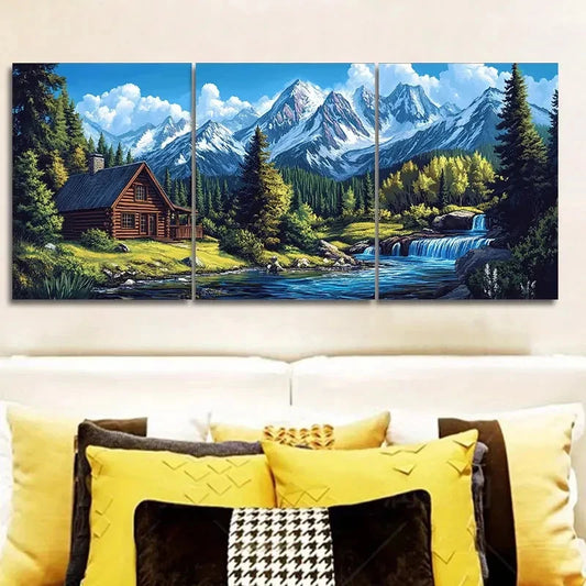 3pcs Pretty Little Cabin by the Stream Metal Print Ready to Hang Art