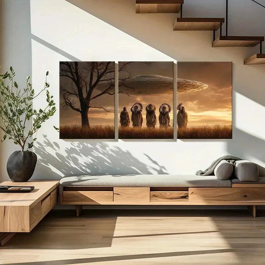 Modern living room with a wall displaying three artistic paintings of Native American figures and a tree.